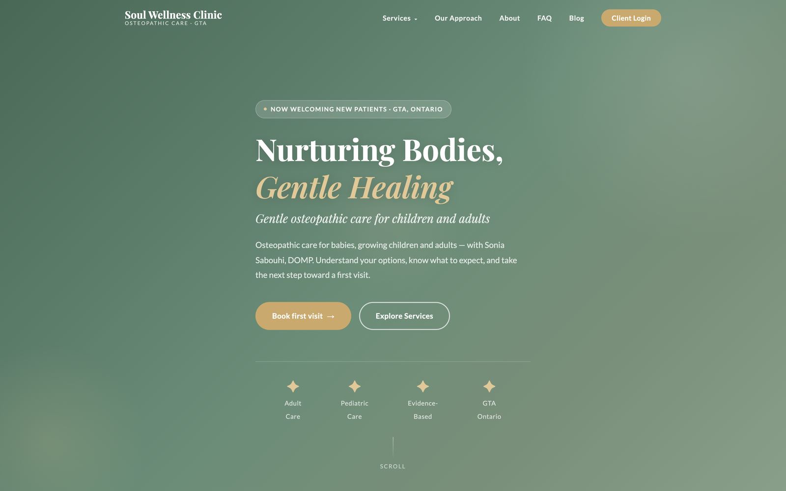 Soul Wellness Clinic homepage, showing its calm green design and first-visit booking path